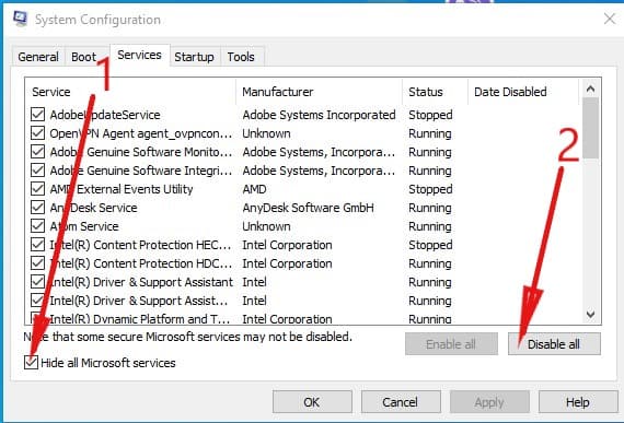 Deaktivieren Sie die Dienste mit Ausnahme der Microsoft-Dienste