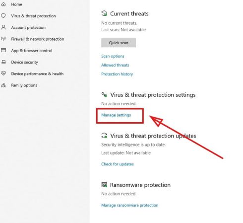 Manage Virus & threat protection setting