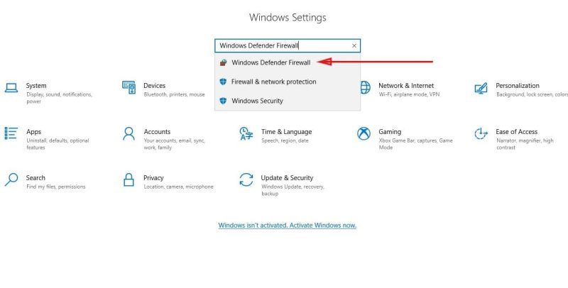 Open Windows Defender Firewall settings