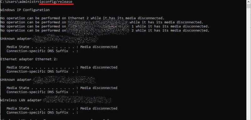 Rilascio di un indirizzo IPv4 per l'adattatore specificato