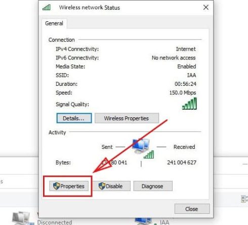 Select your network connection Properties