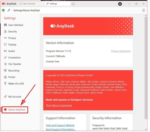 verifique a versão AnyDesk