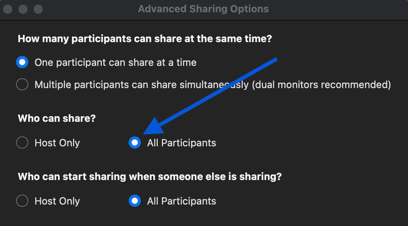 select All Participants to allow screen share