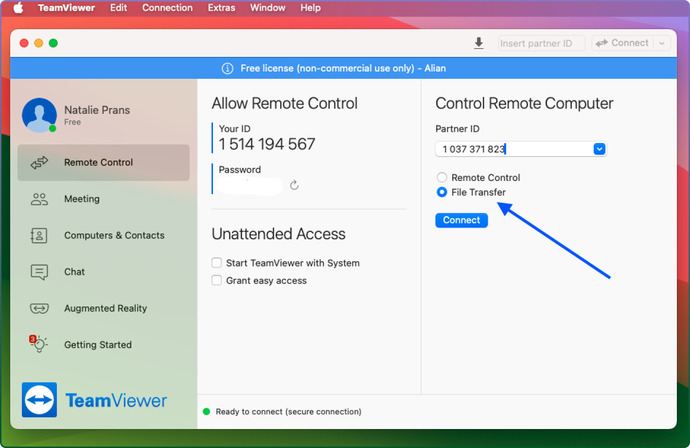 Choose File Transfer on TeamViewer before session start 