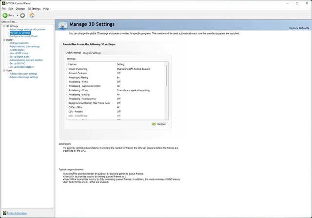 Nvidia Control Panel settings