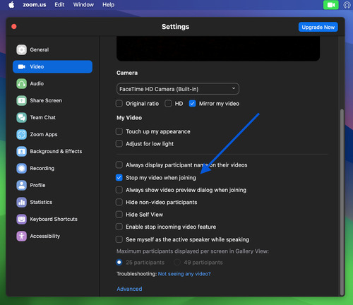 Stop my video when joining Enable video on Zoom