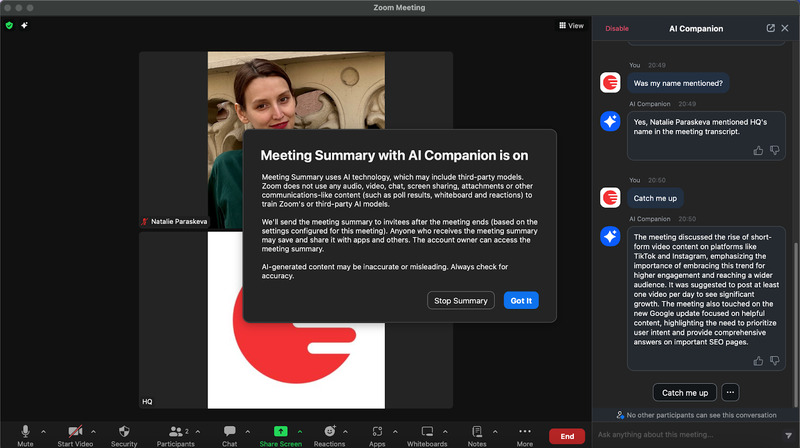 Zoom AI “Catch me up” feature Zoom AI “Catch me up” option
