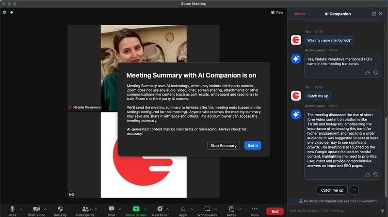 Zoom AI “Catch me up” option