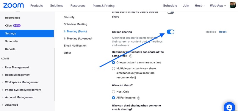 Switch the toggle to Enable to allow Zoom screen sharing