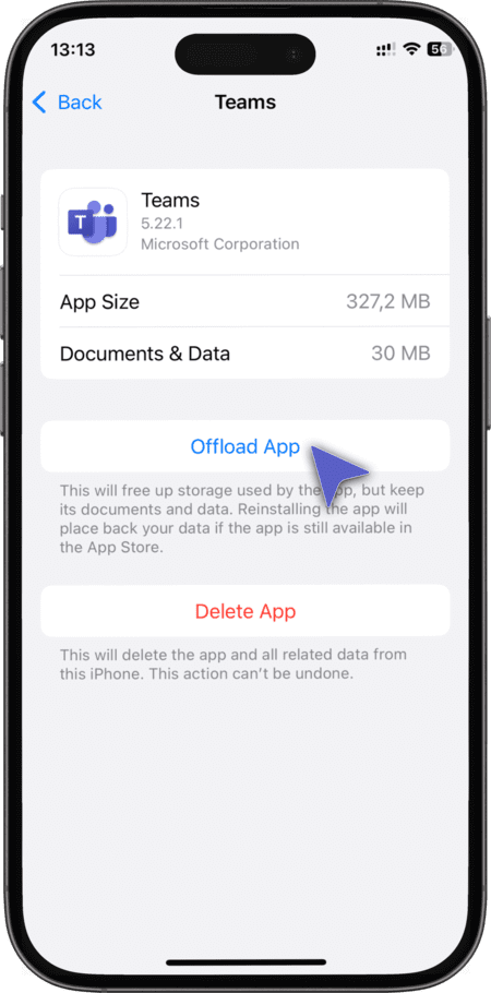 Offload Teams App on iPhone