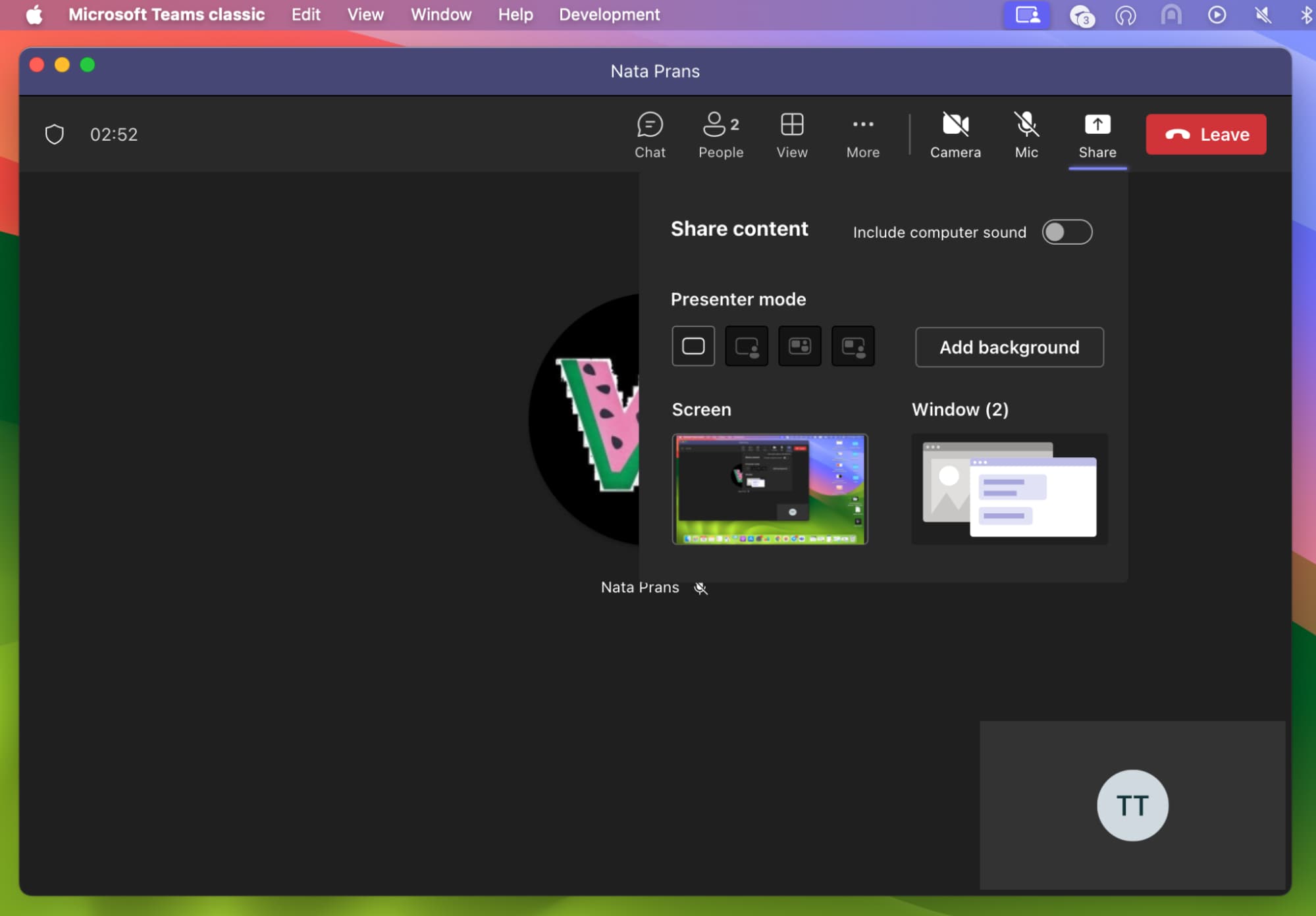 MS Teams settings Start screen sharing