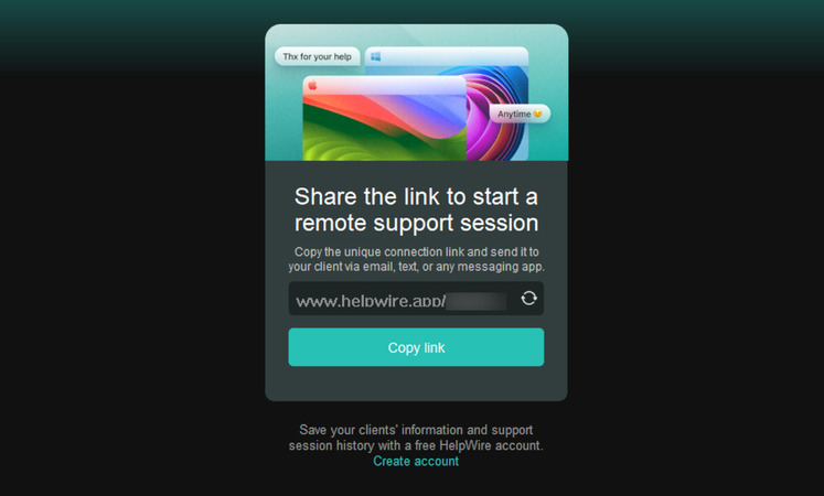 A link to a HelpWire client is generated