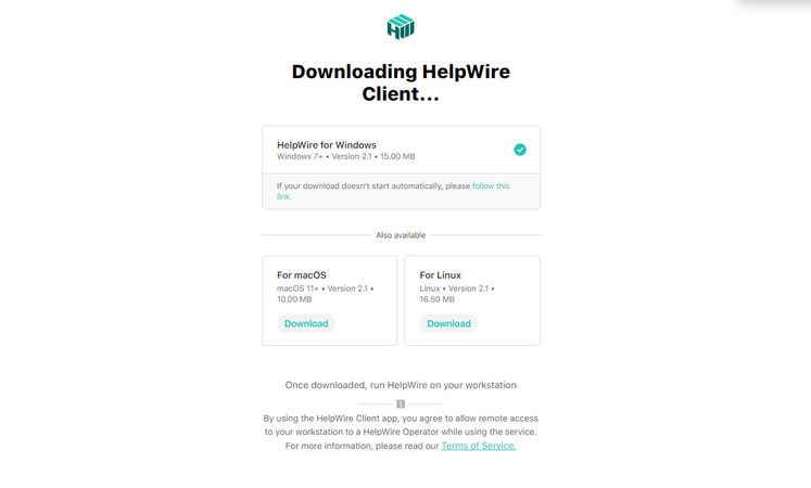 HelpWire is being downloaded on the host PC