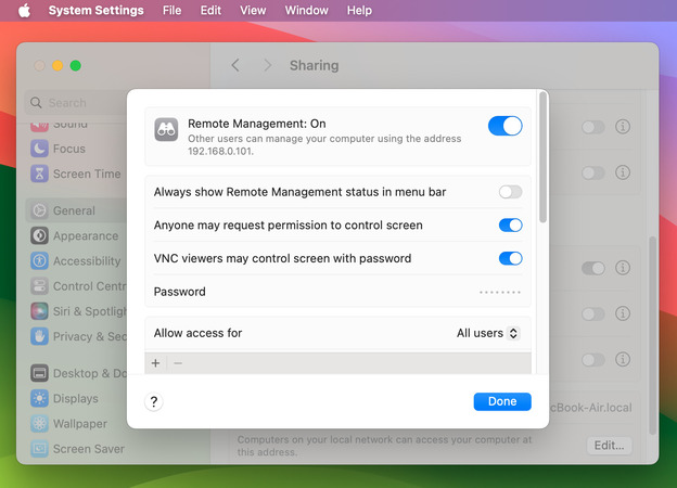 Screenshot showing System Preferences with ticked Remote Management box and a pop-up window with user permissions options
