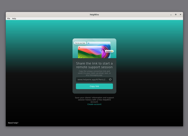 The HelpWire GUI with a shareable link