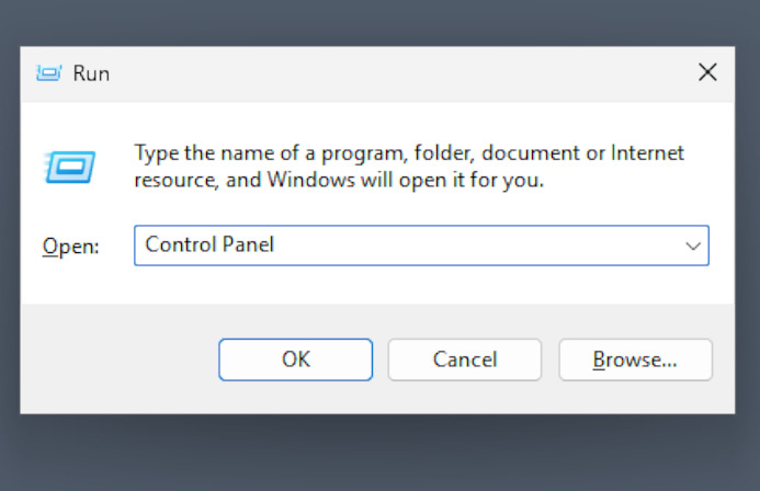 Control Panel in the Run prompt