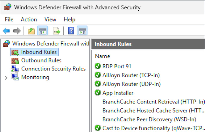 Inbound Rules. Our "RDP Port 91" rule is visible