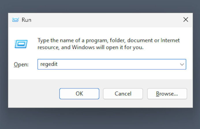 The Run prompt being used to launch the Registry Editor