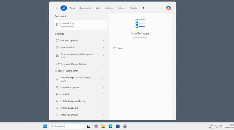 Lancer rapidement "Applications installées" via la recherche