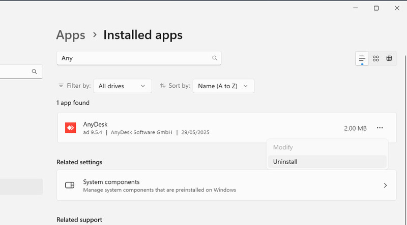 Suppression d’AnyDesk via l’outil de désinstallation
