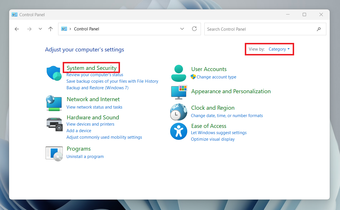 Choose System and Security category