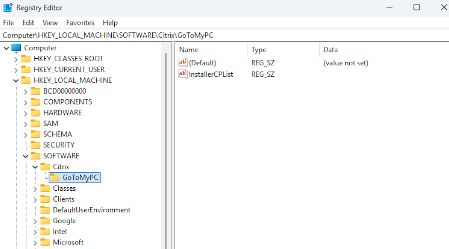 GoToMyPC's registry key located