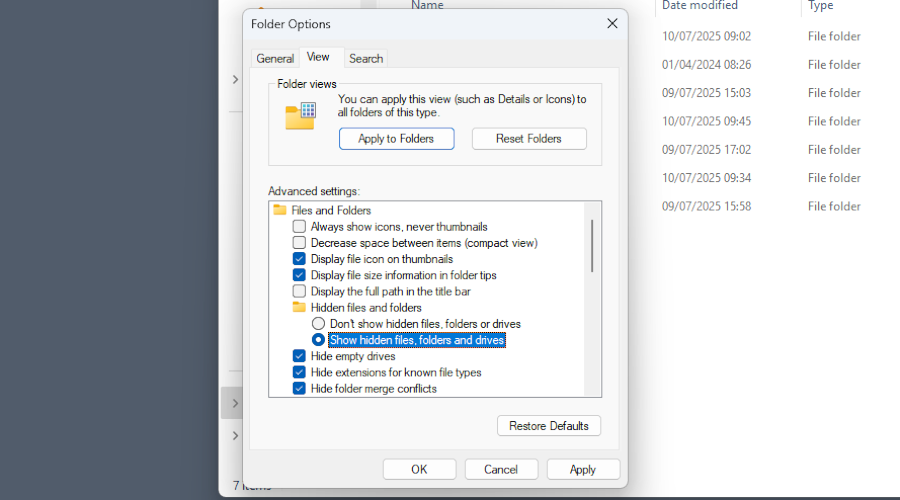 Changing the default hidden file setting