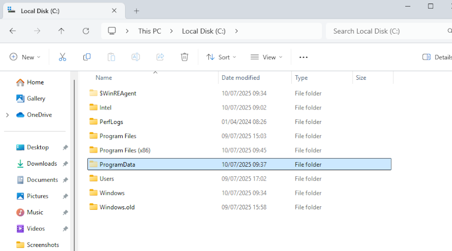 The hidden ProgramData folder highlighted