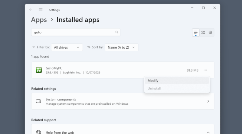 GoToMyPC in the app list, with Uninstall unavailable