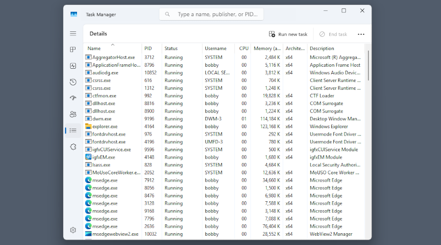 The tabs in the Windows 11 Task Manager are on the left