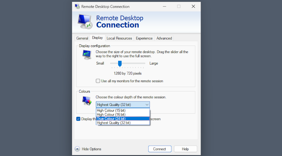 The minimal color depth is 15 bit, which is suitable for support work