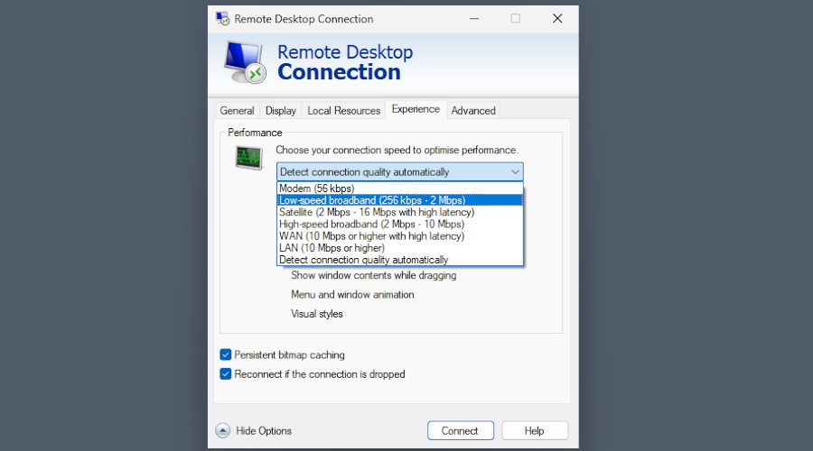 Intended connection quality ranges from modem to 10 Mbps LAN