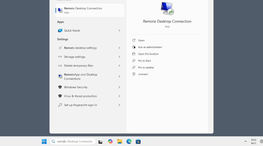 Search bar used to find the Windows Remote Desktop Connection client