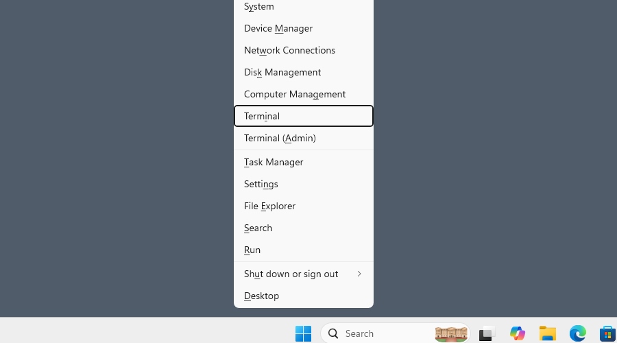 The Windows Terminal being opened via Win+X