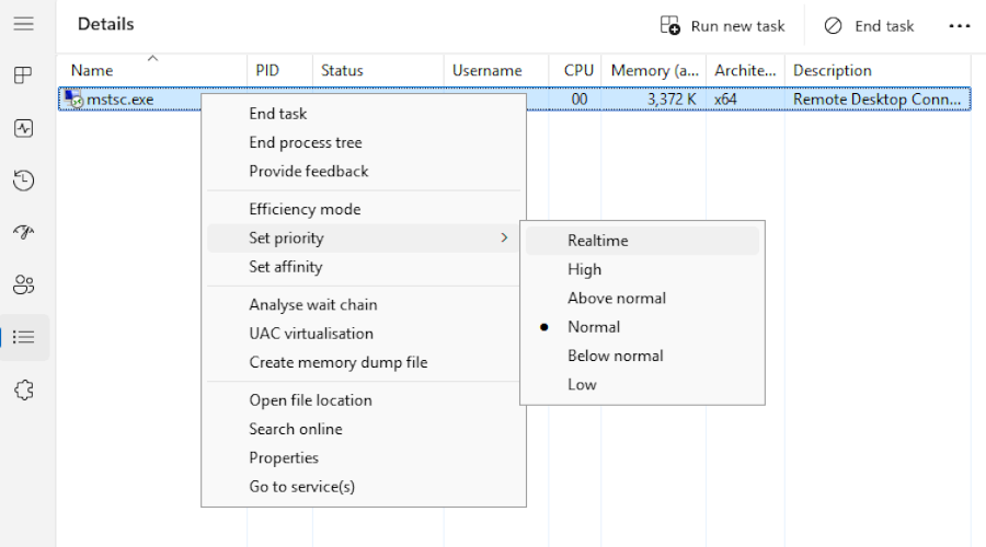 Task priority can be set from the context menu