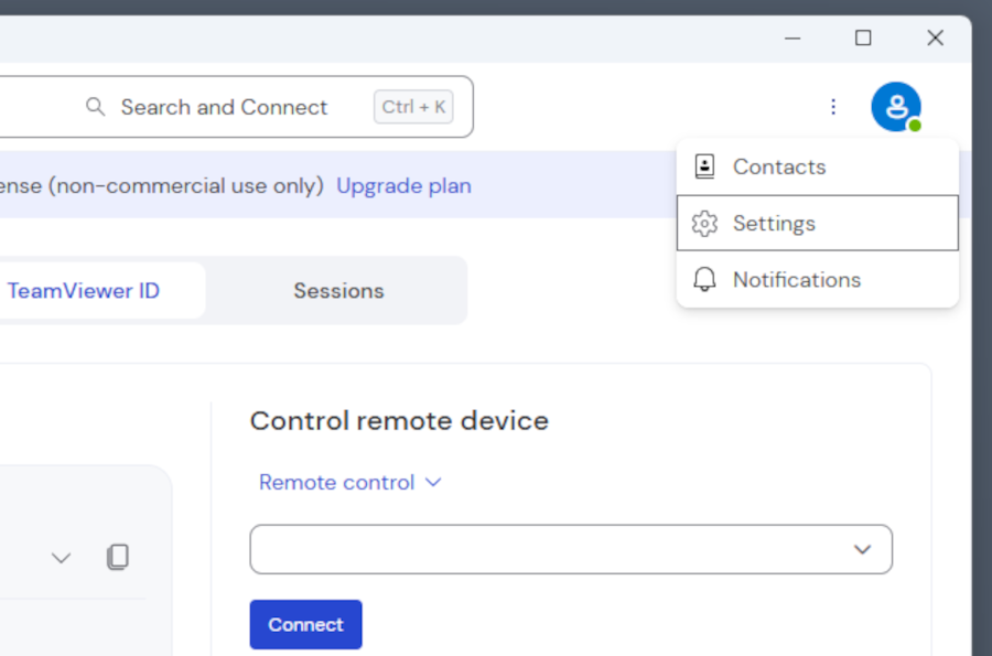 TeamViewer settings in a drop-down menu