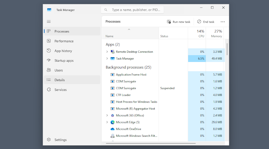 The Task Manager with the Details tab highlighted on the left
