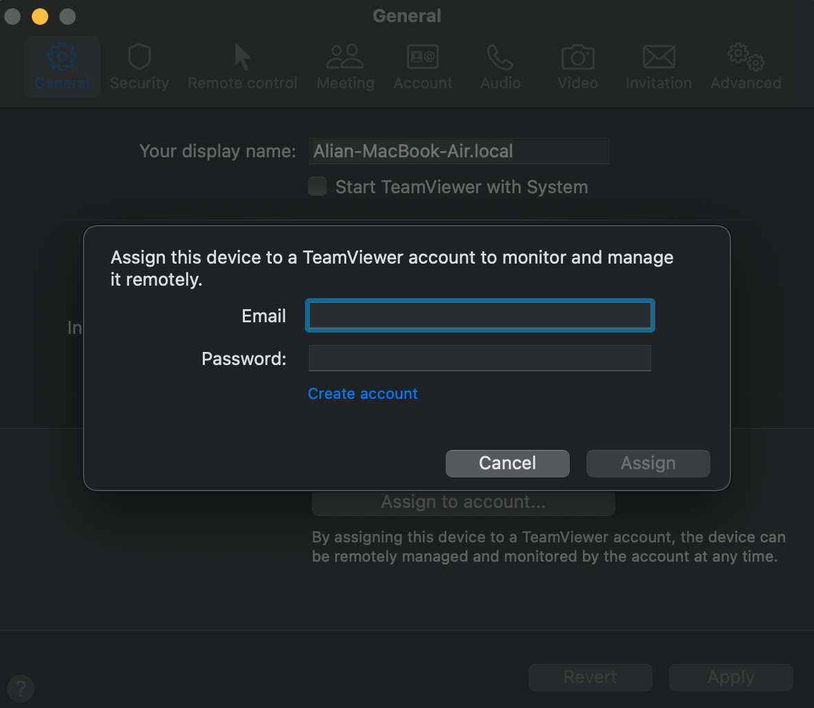 Assign to Account Security settings