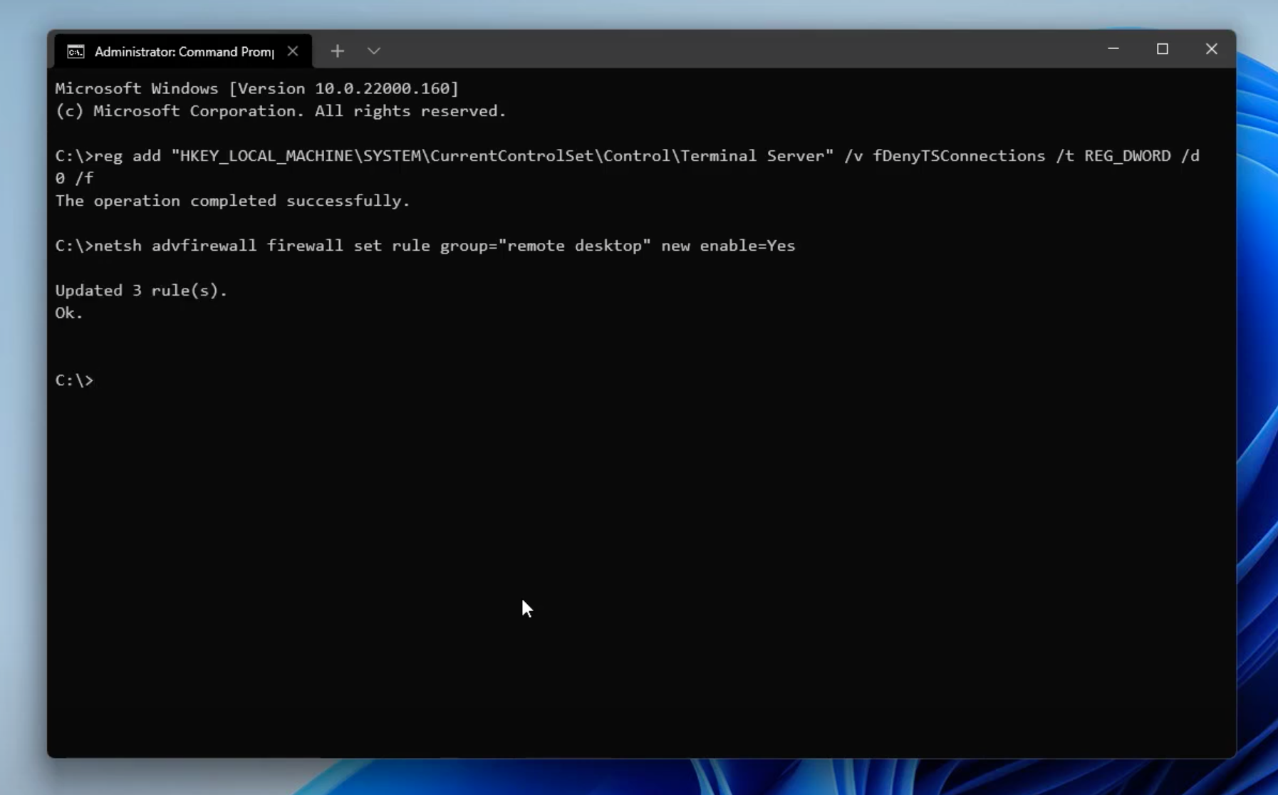 Enable Remote Desktop from Command Prompt