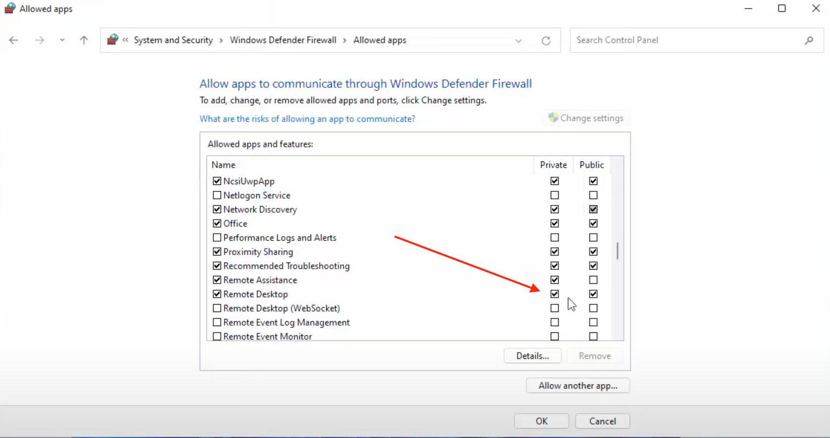 allow Remote Desktop through the firewall