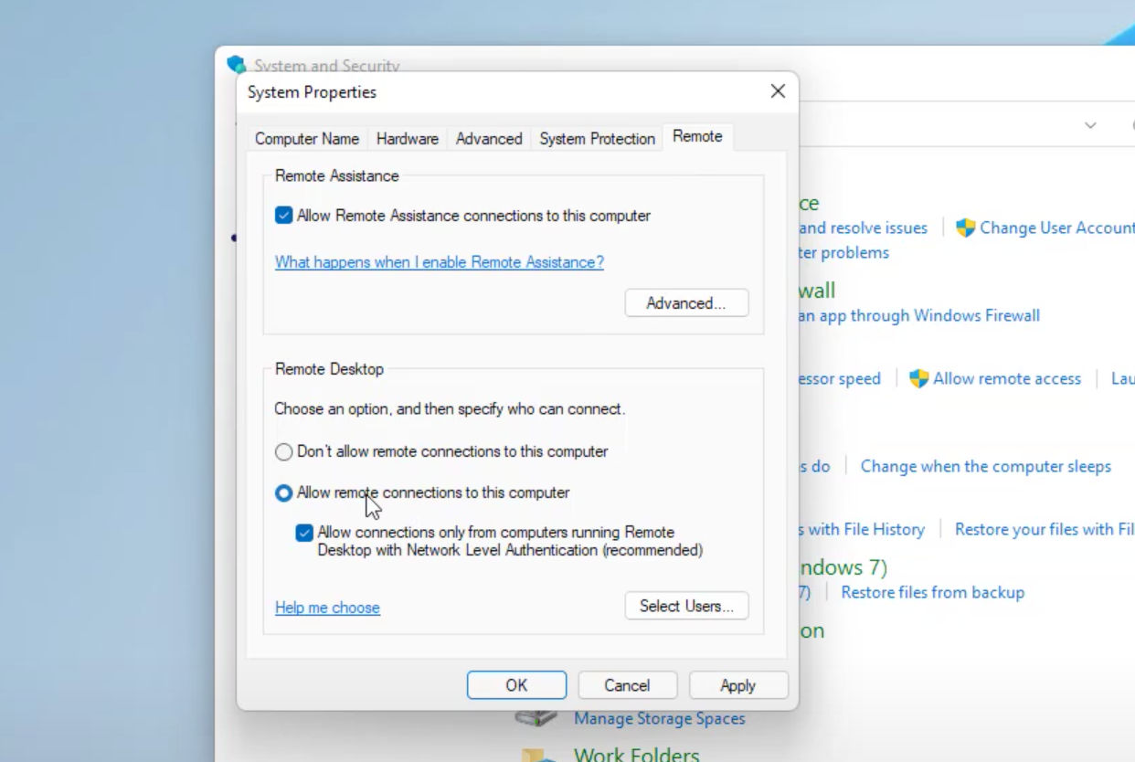 Allow remote connections to this computer