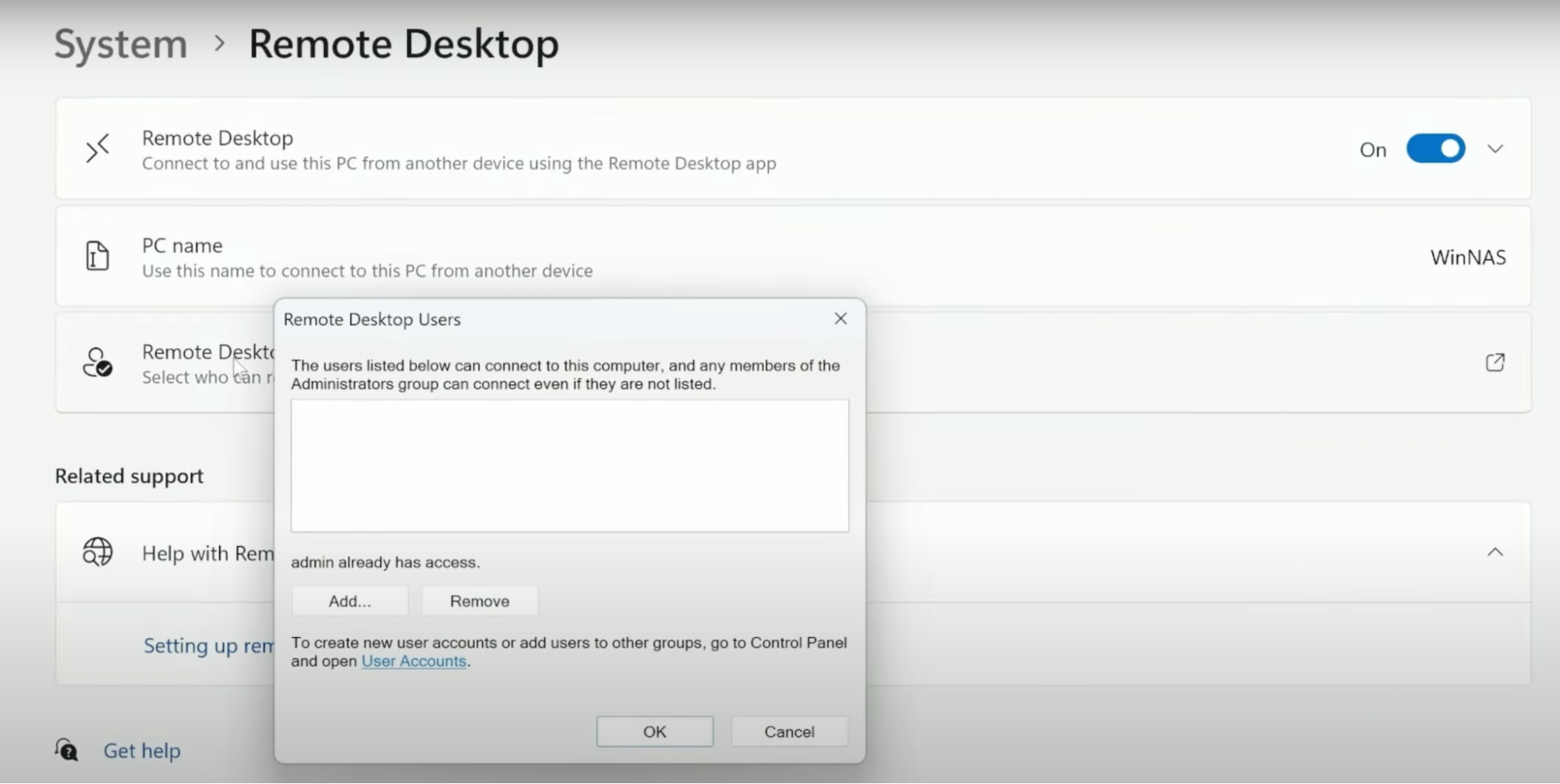 Select Remote Desktop users