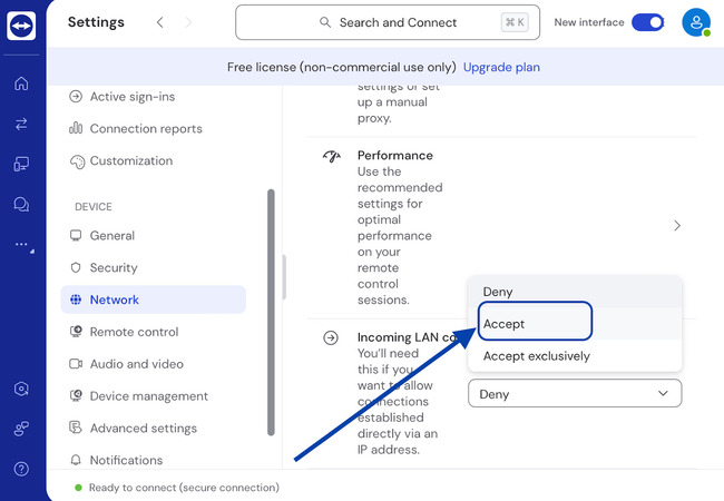 Accept" to use both LAN and internet connections