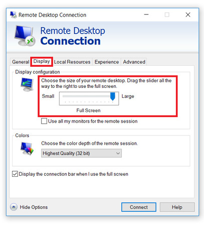 Pantalla de Windows RDP Cambiando el tamaño de la ventana de Windows RDP