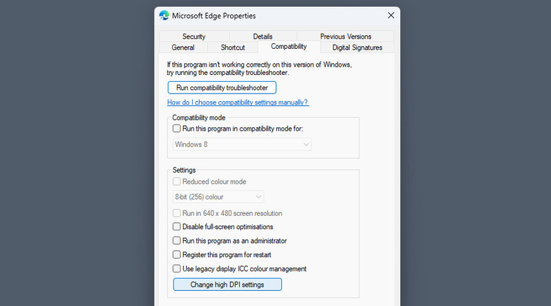 Compatibility tab in Properties