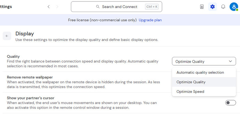 Display settings in the TeamViewer client