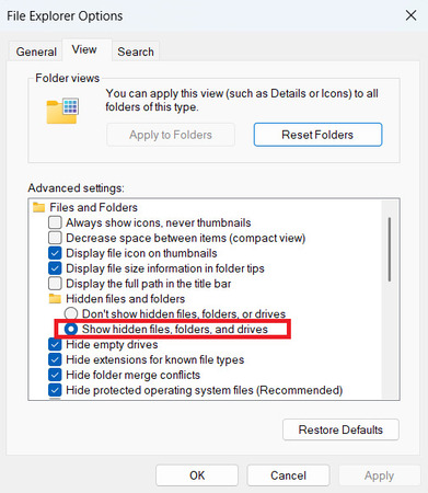 Show hidden items in Windows