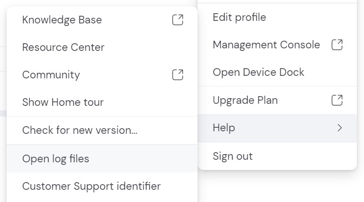 Opening log files from the user icon