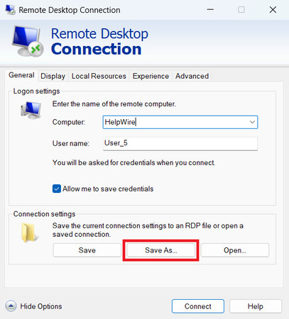 Remote Desktop Connection general tab