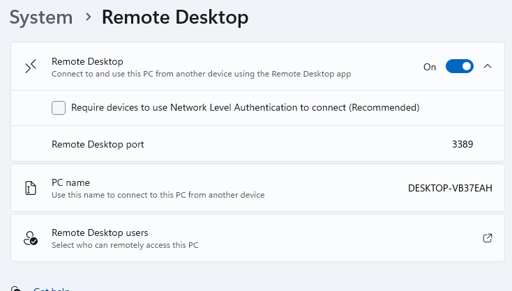 Remote Desktop settings on Windows 11, expanded to show the NLA toggle